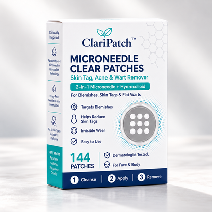 ClariPatch Microneedle Clear Patches box, containing 144 patches for skin tag, acne, and wart removal, shown on a clean white background.