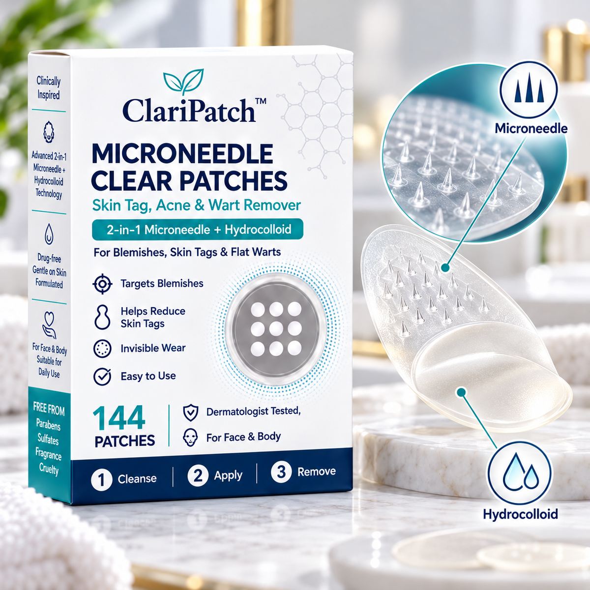 ClariPatch Microneedle Clear Patches box shown beside two translucent clear patches and an inset close-up of the microneedle texture, on a bright bathroom-counter setting.
