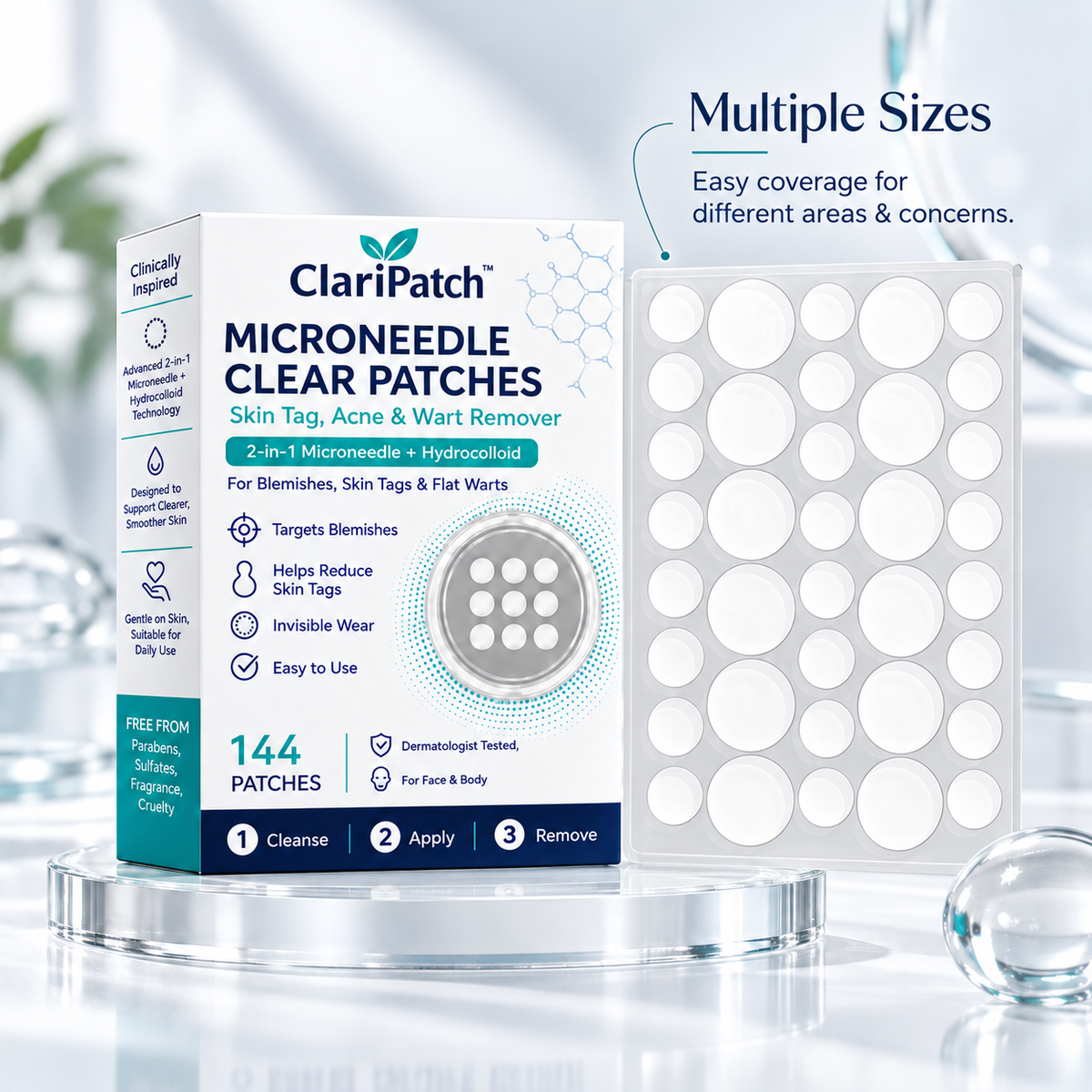 ClariPatch Microneedle Clear Patches box shown beside a sheet of round adhesive patches on a clean white studio background, with marketing text reading 'Multiple Sizes' and product details including 144 patches and skin tag, acne, and wart removal.
