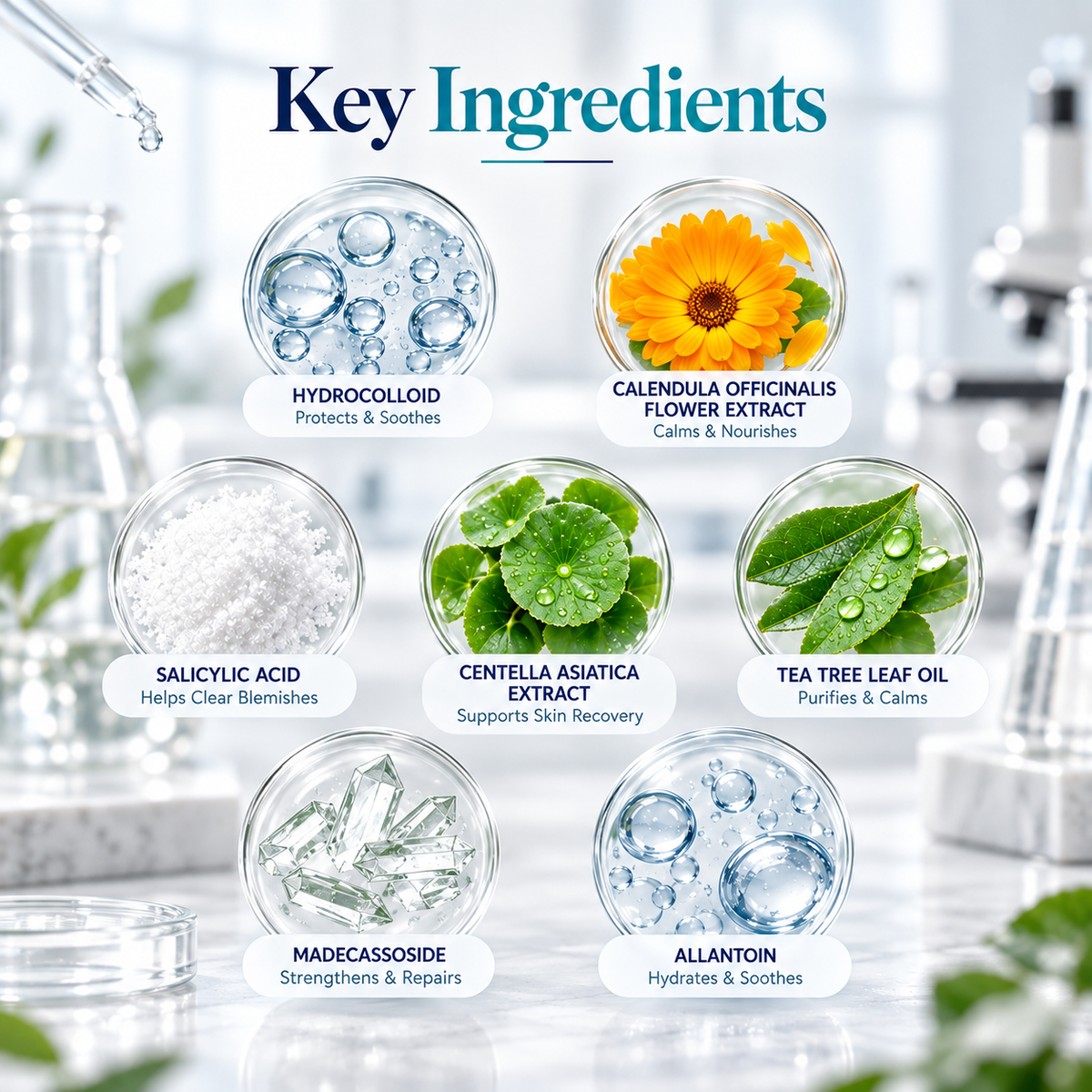A promotional graphic titled 'Key Ingredients' on a bright, softly blurred skincare background. Six circular ingredient windows show clear liquids, white powder, green leaves, and ice, with labels for hydrocolloid, calendula officinalis flower extract, salicylic acid, centella asiatica extract, tea tree leaf oil, and madecassoside/allantoin.