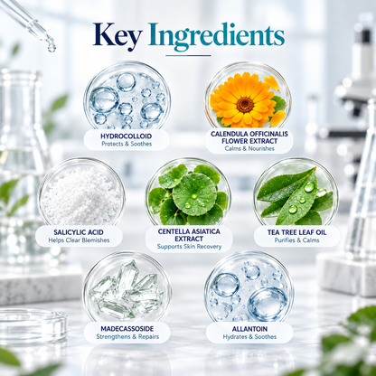 A promotional graphic titled 'Key Ingredients' on a bright, softly blurred skincare background. Six circular ingredient windows show clear liquids, white powder, green leaves, and ice, with labels for hydrocolloid, calendula officinalis flower extract, salicylic acid, centella asiatica extract, tea tree leaf oil, and madecassoside/allantoin.