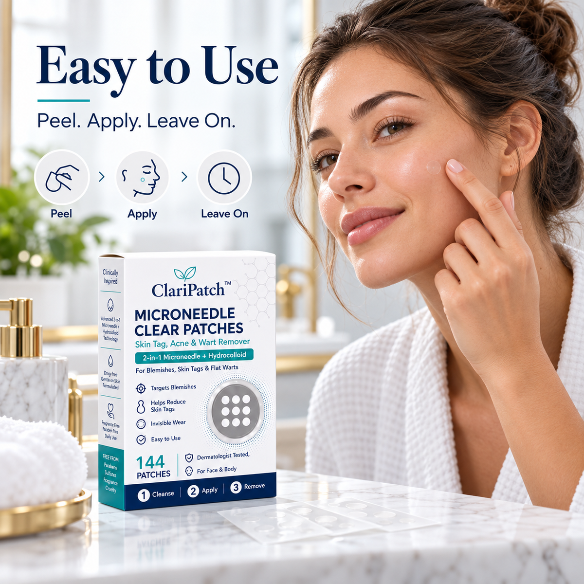 A woman in a white robe applies a clear patch from ClariPatch on her cheek, with the product box displayed beside her and promotional text reading 'Easy to Use' and 'Peel. Apply.